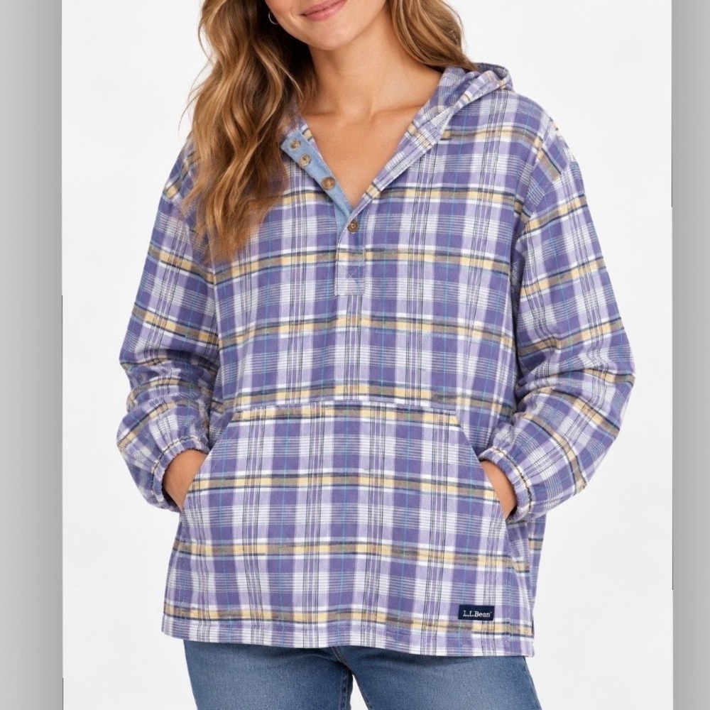 LL Bean Purple Plaid Hooded Pullover Shirt Kangaroo Pocket Boxy Casual Size XL